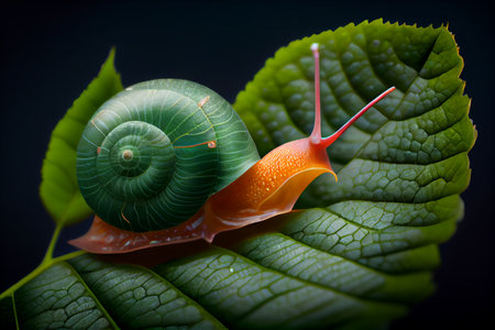 Cute yellow snail with a green shell on a branch close up isolate. Generative AIの素材