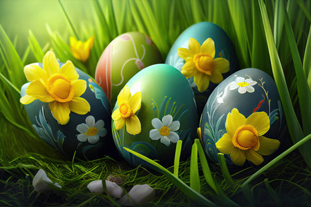 Colorful Easter eggs decorated with daffodils on the grass in sunny. Realistic illustration. Created by Generative AIの素材