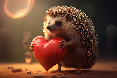 The concept of a romantic gift card for Valentine's Day, congratulations to your beloved, a cute happy hedgehog stands under the moonlight and holds a red heart in his hands on a dark background with flying hearts close-up. love you. 3d. Generative AIの素材