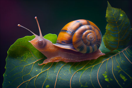 Yellow-brown snail on a green leaf close-up. Generative AIの素材