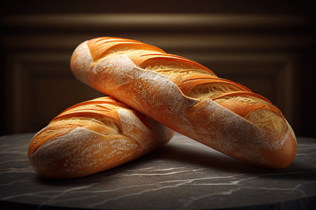 Fresh bread on a wooden table, baguette. Realistic illustration created by Generative AIの素材