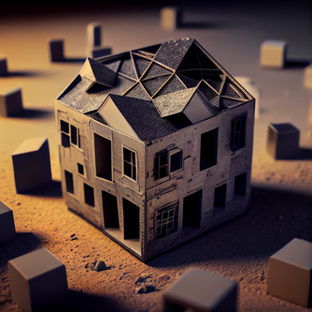 House model with cube on dark background. Generative AIの素材