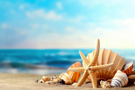 a collection of beautiful shells and starfish on a pristine sandy beach against the backdrop of the blue sea. copyspace. Realistic illustration created by Generative AIの素材
