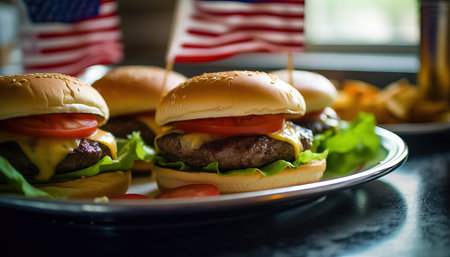 Savor the irresistible taste of all-American burgers featuring small American flags, a patriotic culinary delight. illustration created by Generative AIの素材