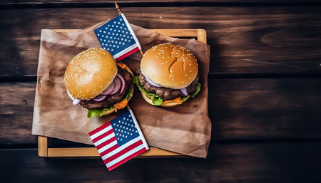 Indulge in a patriotic burger experience, where mini American flags enhance the irresistible savory goodness. illustration created by Generative AIの素材