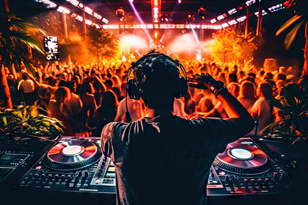 The talented DJ skillfully controls the console to ignite the electronic music concert energetically, providing an unforgettable performance that keeps the audience on their toes. illustration created by Generative AIの素材