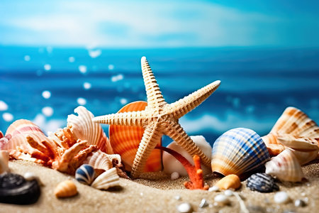 captivating beauty of nature with this mesmerizing image of seashells and starfish adorning a pristine sandy beach. Appreciate the subtle details and colors of these enchanting marine treasures. copyspace. Realistic illustration created by Generative AIの素材