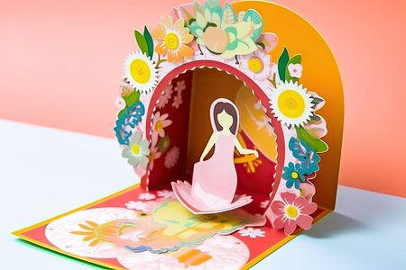A stunning paper flower arch serves as the backdrop for a beautiful image of a mother sitting among vibrant flowers. The colors and textures of the flowers create a magical, dreamlike atmosphere, making this image perfect for any project that calls for whimsy and wonder. copyspace. Realistic illustration created by Generative AIの素材