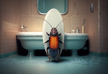 A bathroom taken over by cockroaches. Realistic illustration created by Generative AIの素材