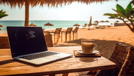 A laptop and a cup of drink in the saving shade of the palm trees of a tropical bar invites you to sit at a wooden table and immerse yourself in the soothing atmosphere of a tropical paradise. Freelance concept, to work remotely, distant working. illustration created by Generative AIの素材