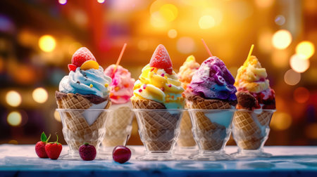 Appetizing ice creams in waffle cones beautifully decorated with berries will give you pleasure. Hold them in your hands or enjoy them in charming glass cups for a moment of true bliss. illustration created by Generative AIの素材