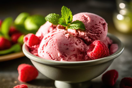 irresistible combination of pink ice cream with juicy raspberries and fresh mint. This refreshing treat is presented in an ice cream bowl set on a rustic wooden table. illustration created by Generative AIの素材