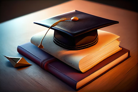A graduation cap, also known as a mortarboard, sits on top of a stack of books, representing the culmination of years of hard work and learning. selective focus. Realistic illustration created by Generative AIの素材