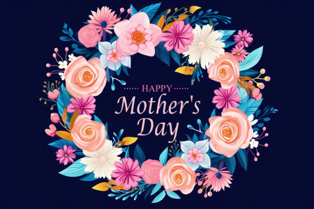 Brighten someone's day with this stunning card featuring a vibrant wreath of garden flowers. The perfect way to show your appreciation. Happy Mother's Day. Realistic illustration created by Generative AIの素材