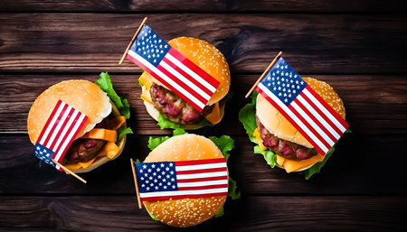Delight your taste buds with a patriotic gastronomic experience featuring burgers adorned with mini American flags. illustration created by Generative AIの素材