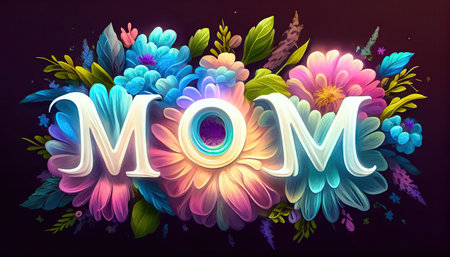 Honor your mom with this stunning image of the word "MOM" spelled out in an array of beautiful, colorful flowers. Perfect for Mother's Day or any occasion to show your gratitude and love for her. Realistic illustration created by Generative AIの素材