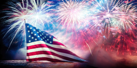 Capture the magic of a dazzling fireworks spectacle casting a radiant glow on the American flag, evoking a sense of national pride. with copy space. illustration created by Generative AIの素材