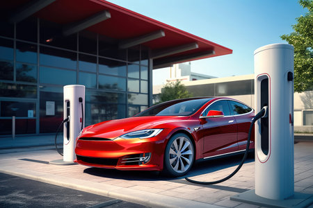 A sustainable electric car is being charged at a contemporary electric vehicle charging station. illustration created by Generative AIの素材