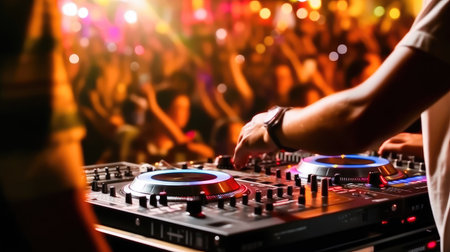 DJ performance at an electronic music celebratory event where the atmosphere is electrifying, the beats are contagious and the crowd melts into the euphoria of the music. illustration created by Generative AIの素材