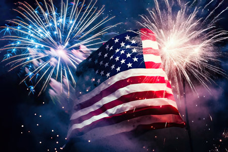 A stunning display of patriotism with the American flag waving proudly against a backdrop of mesmerizing fireworks. illustration created by Generative AIの素材