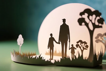 This beautiful paper art features a dad holding his child's hand. The incredible details and vibrant colors make this a stunning piece that truly captures the essence of a father's love. Realistic illustration created by Generative AIの素材