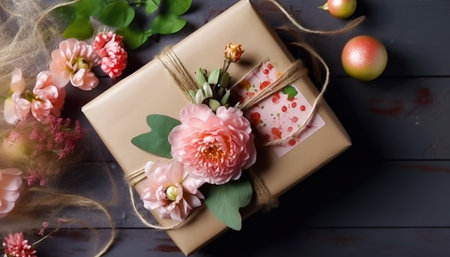 A captivating display of nature's charm, featuring delicate flowers and a gift box on a table. Perfect for any occasion. Realistic illustration created by Generative AIの素材