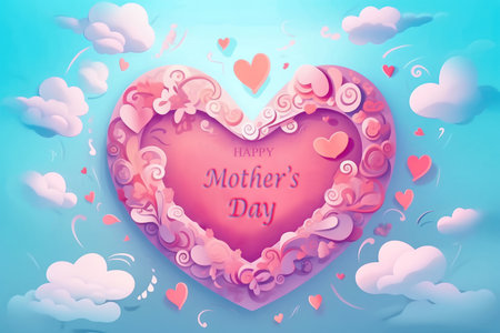 A beautiful pink heart floats serenely against a blue sky with fluffy white clouds. Happy Mother's Day. Realistic illustration created by Generative AIの素材