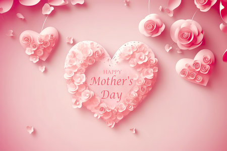 This charming heart-shaped piece is made entirely of paper art flowers in varying shades of pink. The intricate folds and details of each flower make this a unique and beautiful decoration. Happy Mother's Day. Realistic illustration created by Generative AIの素材