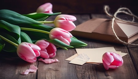A paper gift box, a greeting card and delicate pink tulips on a rustic wooden table are the perfect way to add a touch of beauty to any room. copyspace. Realistic illustration created by Generative AIの素材