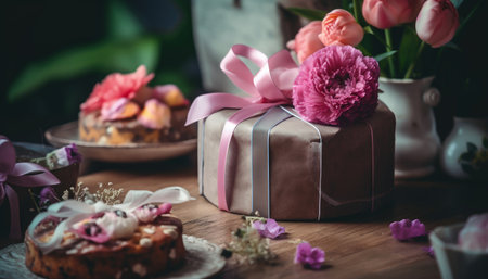 Experience the ultimate celebration with this stunning image of a birthday cake, vibrant flowers, and a perfectly wrapped gift box. The perfect combination of sweet treats, fresh blooms, and thoughtful gifts to make any special occasion even more memorable. Realistic illustration created by Generative AIの素材