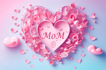 A pink heart-shaped balloon floating peacefully against a backdrop of a clear blue sky dotted with fluffy clouds in paper art style. Happy Mother's Day. Realistic illustration created by Generative AIの素材