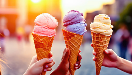Hold in your hands an irresistible combination of three delicious and colorful ice creams served in waffle cones. These creamy, berry and fruity refreshing treats are a delightful treat. illustration created by Generative AIの素材