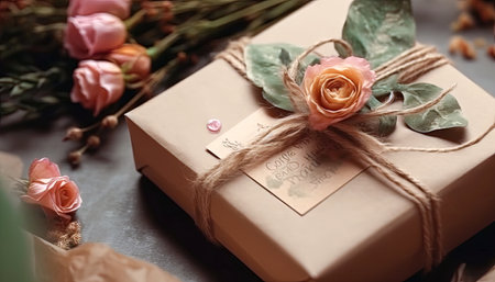 This image showcases the perfect gift, a beautiful box surrounded by delicate flowers. A stunning image for any special occasion. Realistic illustration created by Generative AIの素材