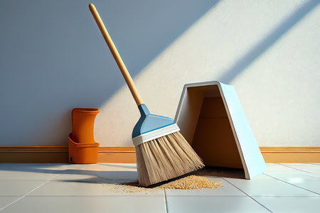 Say goodbye to mess and hello to cleanliness with these cleaning essentials: broom and dustpan. Realistic illustration created by Generative AIの素材