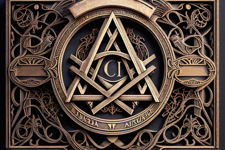 The intricate combination of Triscele, anarchy symbol and Masonic sign - compasses and ruler creates a mesmerizing and mystical design that captures the eye and sparks the imagination. Realistic illustration created by Generative AIの素材