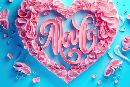 A beautiful pink heart-shaped balloon set against a blue sky with fluffy white clouds, this image represents the beauty of love in paper art style. Realistic illustration created by Generative AIの素材