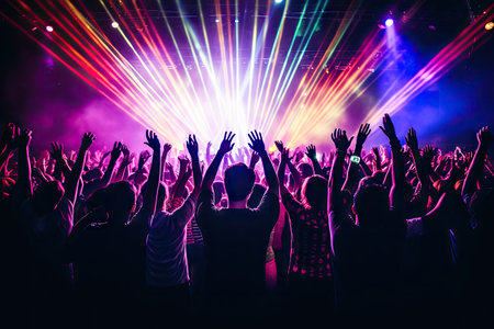 people enjoy the colorful lights of light music and raise their hands as they jump to the infectious beats of the pulsating music festival. This image conveys the spirit of collective joy and celebration. Realistic illustration created by Generative AIの素材