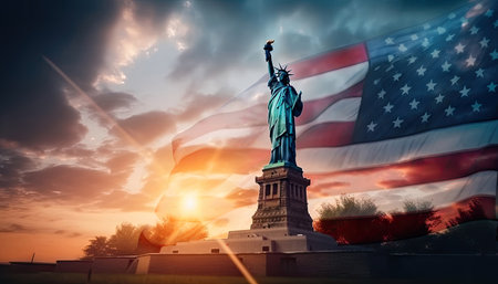 The Statue of Liberty blends in harmony with the American flag in this picturesque image. Together, they symbolize the American spirit, values, and desire for freedom. with copy space. illustration created by Generative AIの素材