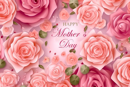 colorful greeting card with a bouquet of pink roses. Happy Mother's Day. Realistic illustration created by Generative AIの素材