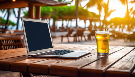 An open laptop and a glass of cool drink on a wooden table in the shade of a summer restaurant outdoors against the backdrop of a beach tropical landscape. the concept of freelancing, work with a view, home office, remote work. illustration created by Generative AIの素材