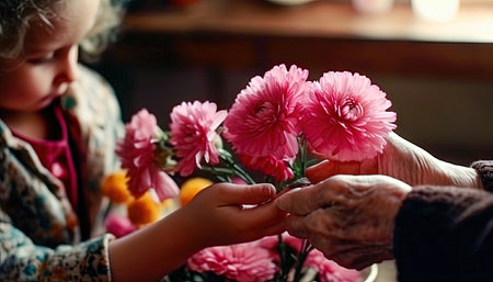 Child Gives Her a Bouquet of Beautiful Flowers. Realistic illustration created by Generative AIの素材