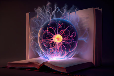 This image depicts a crystal ball hovering above an open book, evoking a sense of wonder, mystery, and magic. Realistic illustration created by Generative AIの素材