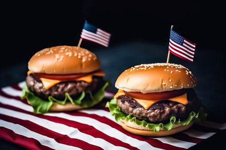 Celebrate with mouthwatering flag-topped burgers, a patriotic feast that delights food enthusiasts with its flavors and visual appeal. illustration created by Generative AIの素材