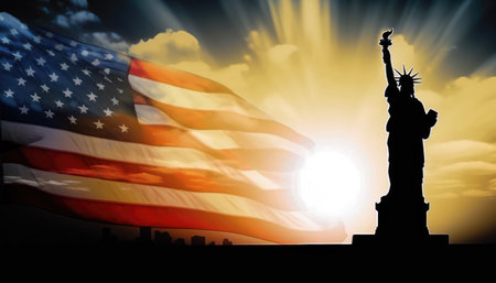 The famous Statue of Liberty and the American flag in the rays of the rising sun symbolize democracy, freedom, diversity, inclusiveness, embody the spirit of the United States. illustration created by Generative AIの素材