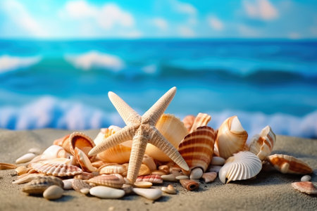 Take a trip along the beach with a breathtaking view of the seashells and starfish on the sandy shore. Admire the diverse collection of shells washed ashore by gentle waves. copyspace. Realistic illustration created by Generative AIの素材