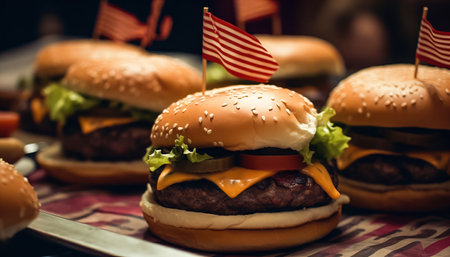 Experience burger bliss with juicy, flavorful patties topped with mini American flags, a patriotic culinary masterpiece. illustration created by Generative AIの素材