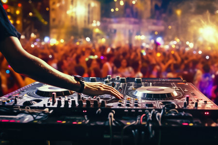 Experience the thrill of an energetic celebratory music festival as a skilled DJ rules the stage, entertaining the crowd with energetic beats, mixing skills and infectious enthusiasm. illustration created by Generative AIの素材