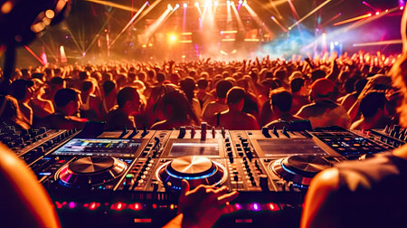 electronic music festival - an experienced DJ creates magic on his console, creating an electrifying atmosphere that fills the crowd. illustration created by Generative AIの素材