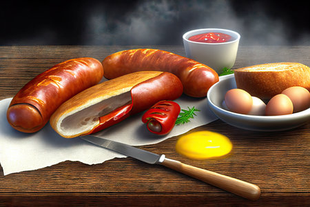 A simple snack for a quick hand: fried sausages, eggs, bread and sauce on a wooden table. Realistic illustration. Created by Generative AIの素材