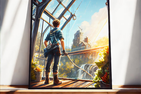 This image depicts a daring man in uniform standing on a suspension bridge, taking in the stunning scenery around him. With his heart racing and adrenaline pumping, he experiences the ultimate thrill of adventure. no real people or art object reference. Realistic illustration created by Generative AIの素材